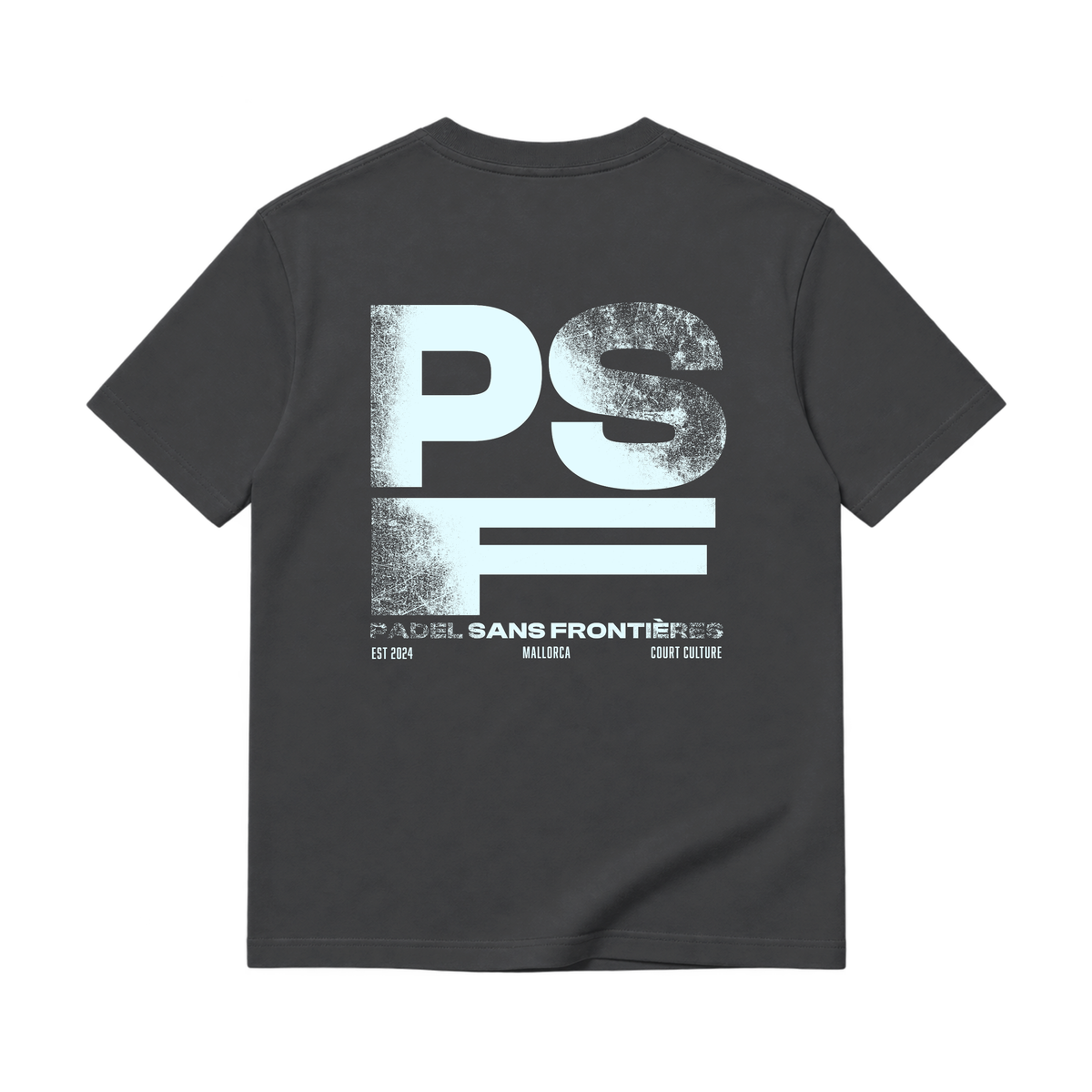 PSF Collective Back view of a dark gray short-sleeved PSF-117 padel t-shirt featuring a large, light blue distressed graphic that reads PSF stacked above PADEL SANS FRONTIÈRES, with EST 2024, MALLORCA, and COURT CULTURE printed in white at the bottom. Designed for the Unwind