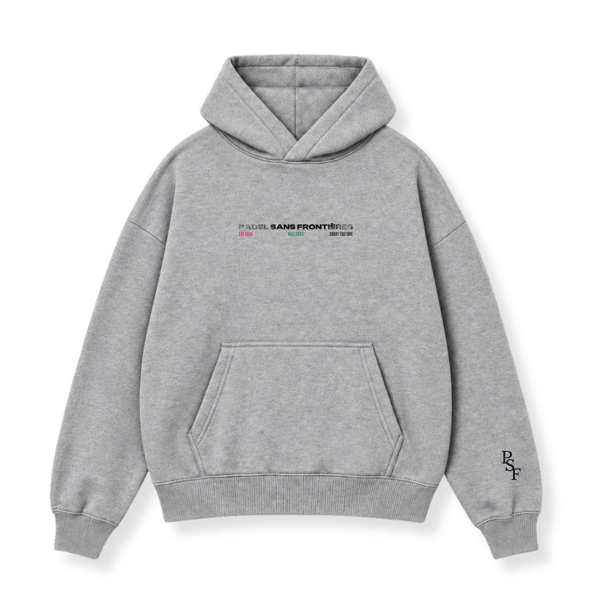 PSF Collective A grey heather PSF-118 pullover hoodie featuring a front kangaroo pocket, ribbed cuffs, and PADEL SANS FRONTIÈRES text across the chest with a small black PSF logo embroidered on the left sleeve. Designed for the Unwind