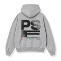 PSF Collective Back view of the PSF-118 heather gray hooded sweatshirt, featuring a large, distressed black PSF logo centered on the back with PADEL SANS FRONTIÈRES, EST 2024, MALLORCA, and COURT CULTURE printed underneath. Designed for the Unwind