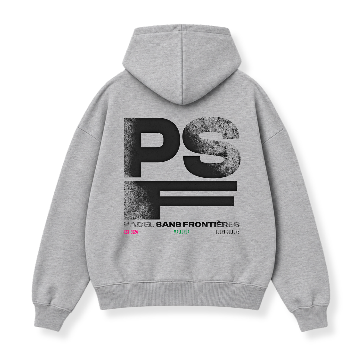 PSF Collective Back view of the PSF-118 heather gray hooded sweatshirt, featuring a large, distressed black PSF logo centered on the back with PADEL SANS FRONTIÈRES, EST 2024, MALLORCA, and COURT CULTURE printed underneath. Designed for the Unwind