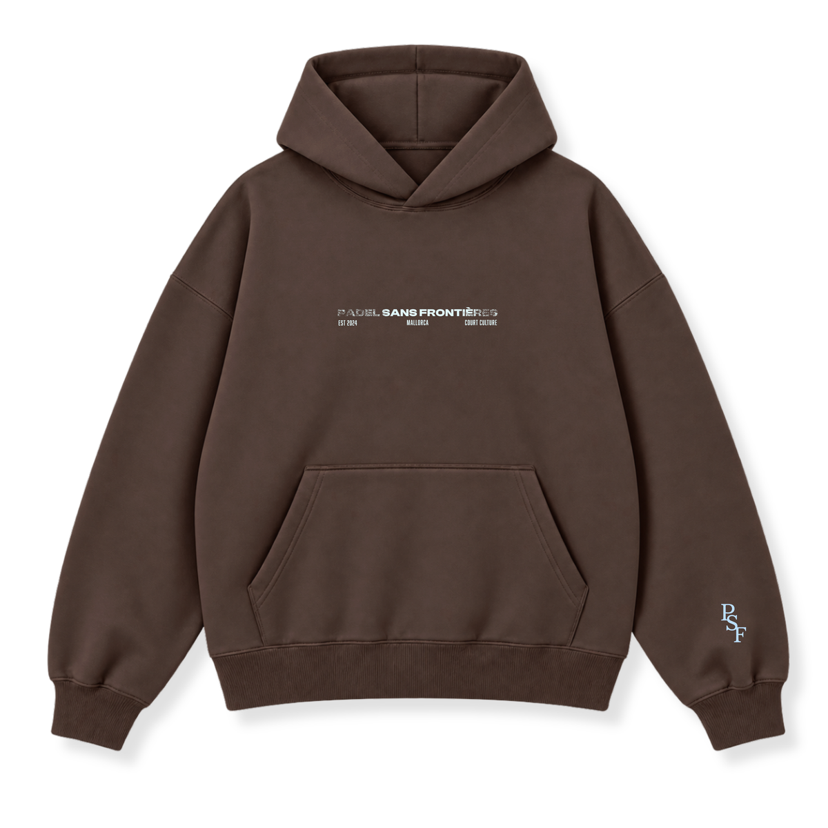 PSF Collective The dark brown PSF-119 long-sleeved padel hoodie features a kangaroo pocket, drawstring-free hood, and white chest text reading PADEL SANS FRONTIÈRES, EST 2024, MALLORCA, and COURT CULTURE, with a light blue PSF logo embroidered on the lower left sleeve. Designed for the Unwind