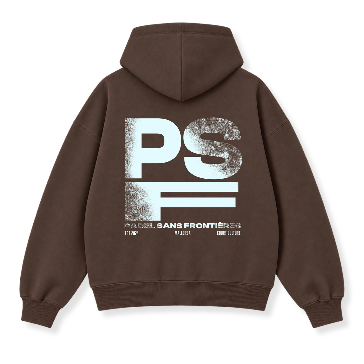 PSF Collective The back of the brown PSF-119 pullover hoodie features a large, distressed light-blue PSF graphic, with smaller white text below reading PADEL SANS FRONTIÈRES, EST 2024, MALLORCA, and COURT CULTURE. Designed for the Unwind
