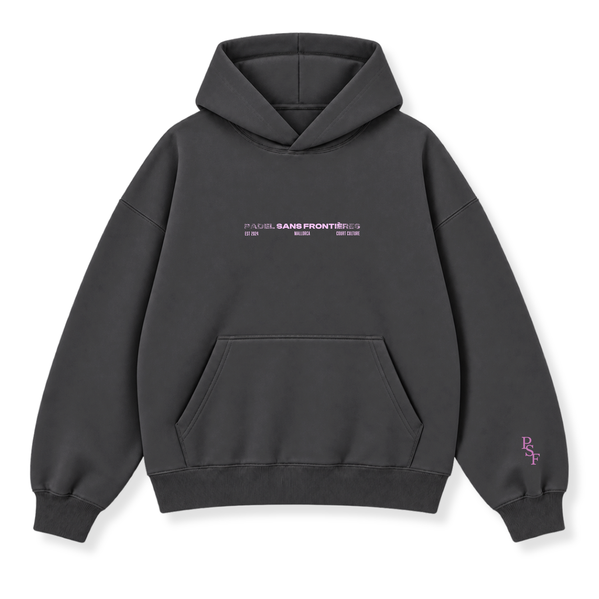 PSF Collective The PSF-120 is a dark grey hooded sweatshirt with a kangaroo pocket, featuring white and pink PADEL SANS FRONTIÈRES EST 2024 MALLORCA COURT CULTURE text on the chest and a small pink PSF logo embroidered on the left sleeve. Designed for the Unwind