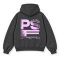 PSF Collective The back of the charcoal gray PSF-120 hooded sweatshirt features large, distressed light pink PSF lettering, with PADEL SANS FRONTIÈRES in pink and EST 2024, MALLORCA, and COURT CULTURE in white text. Designed for the Unwind