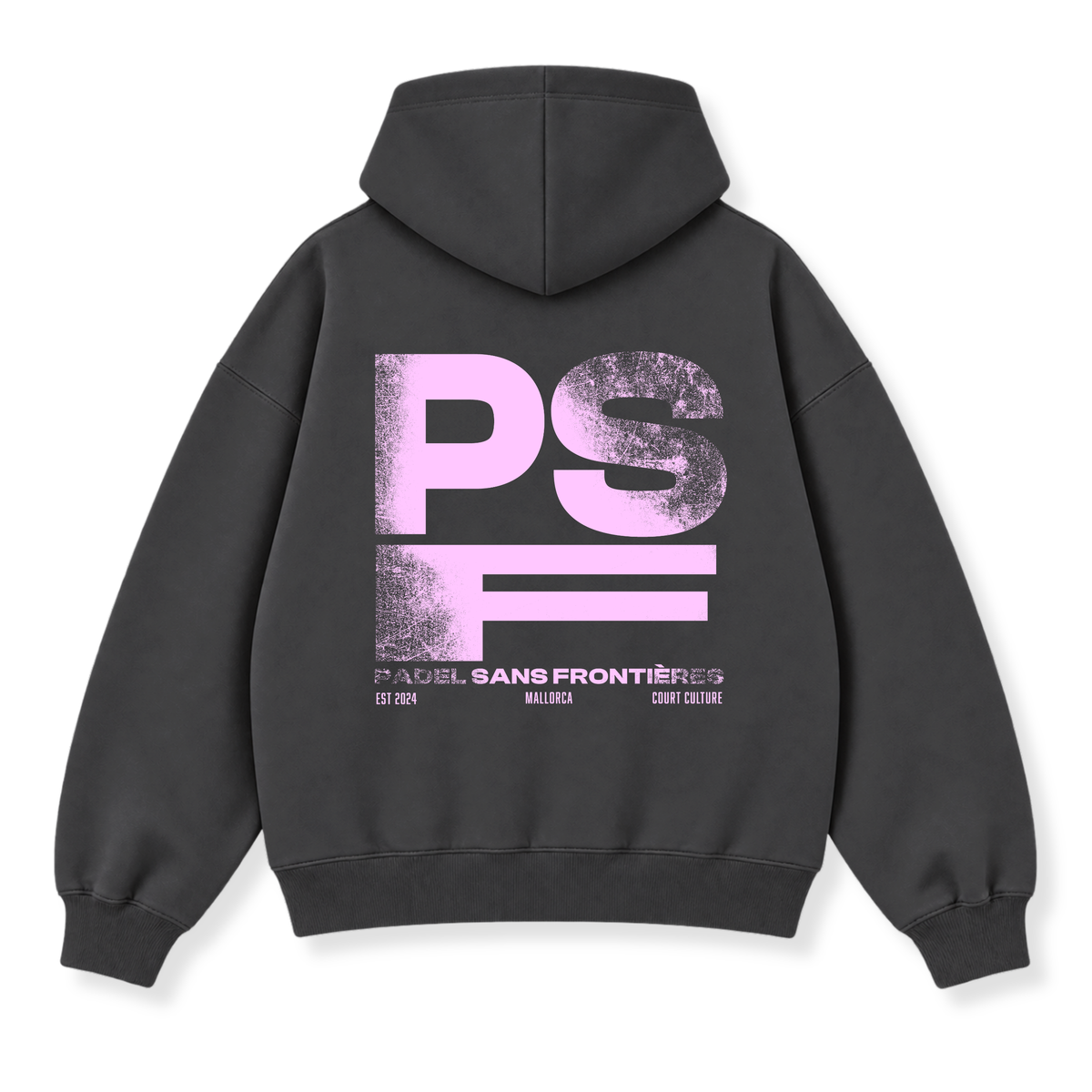 PSF Collective The back of the charcoal gray PSF-120 hooded sweatshirt features large, distressed light pink PSF lettering, with PADEL SANS FRONTIÈRES in pink and EST 2024, MALLORCA, and COURT CULTURE in white text. Designed for the Unwind