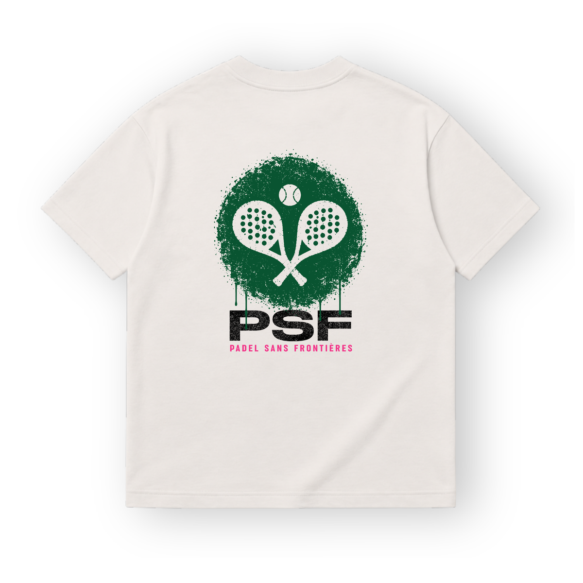 PSF Collective The back of the off-white PSF-121 padel t-shirt features two crossed rackets and a ball centered inside a green spray-painted splatter, with PSF in black block letters and PADEL SANS FRONTIÈRES in pink below. Designed for the Unwind