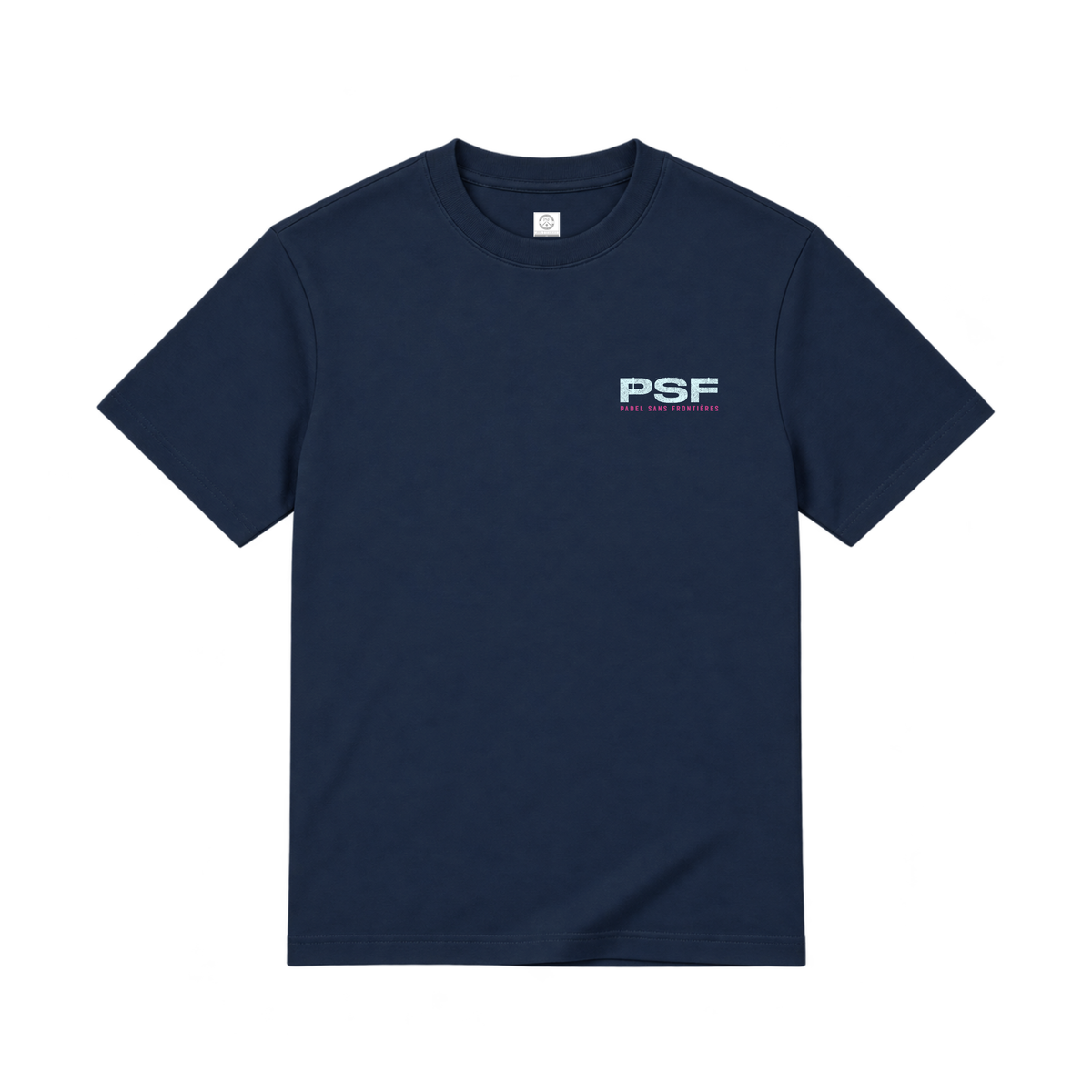 PSF Collective A dark navy blue short-sleeved PSF-122 Padel t-shirt centered against a white background, featuring a small white PSF logo on the chest with the text PADEL SANS FRONTIÈRES in pink underneath. Designed for the Unwind