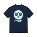 PSF Collective The back of a navy blue short-sleeved PSF-122 t-shirt featuring a distressed, light blue circular graphic with two crossed padel rackets, a ball, the white text PSF, and the smaller pink text PADEL SANS FRONTIÈRES. Designed for the Unwind