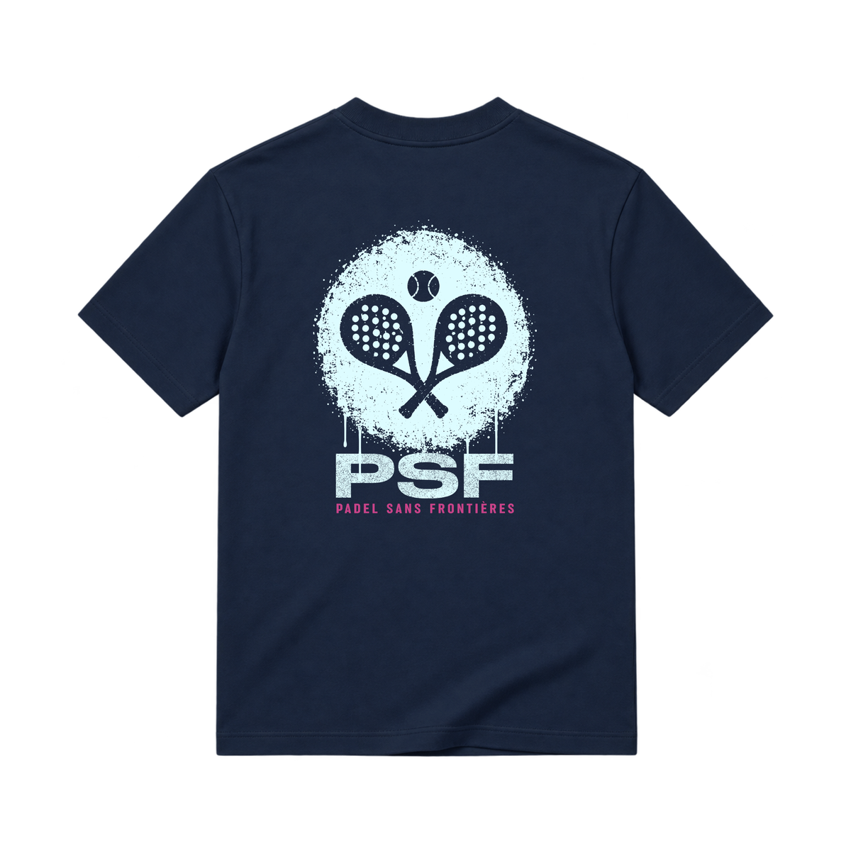 PSF Collective The back of a navy blue short-sleeved PSF-122 t-shirt featuring a distressed, light blue circular graphic with two crossed padel rackets, a ball, the white text PSF, and the smaller pink text PADEL SANS FRONTIÈRES. Designed for the Unwind