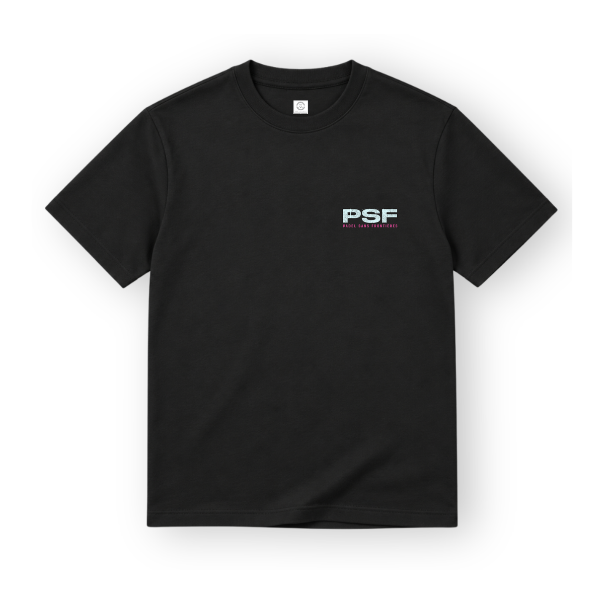 PSF Collective The PSF-123 is a black short-sleeved crew neck padel t-shirt shown against a white background, featuring the letters PSF printed in textured light blue on the left chest with PADEL SANS FRONTIÈRES in small pink letters beneath. Designed for the Unwind