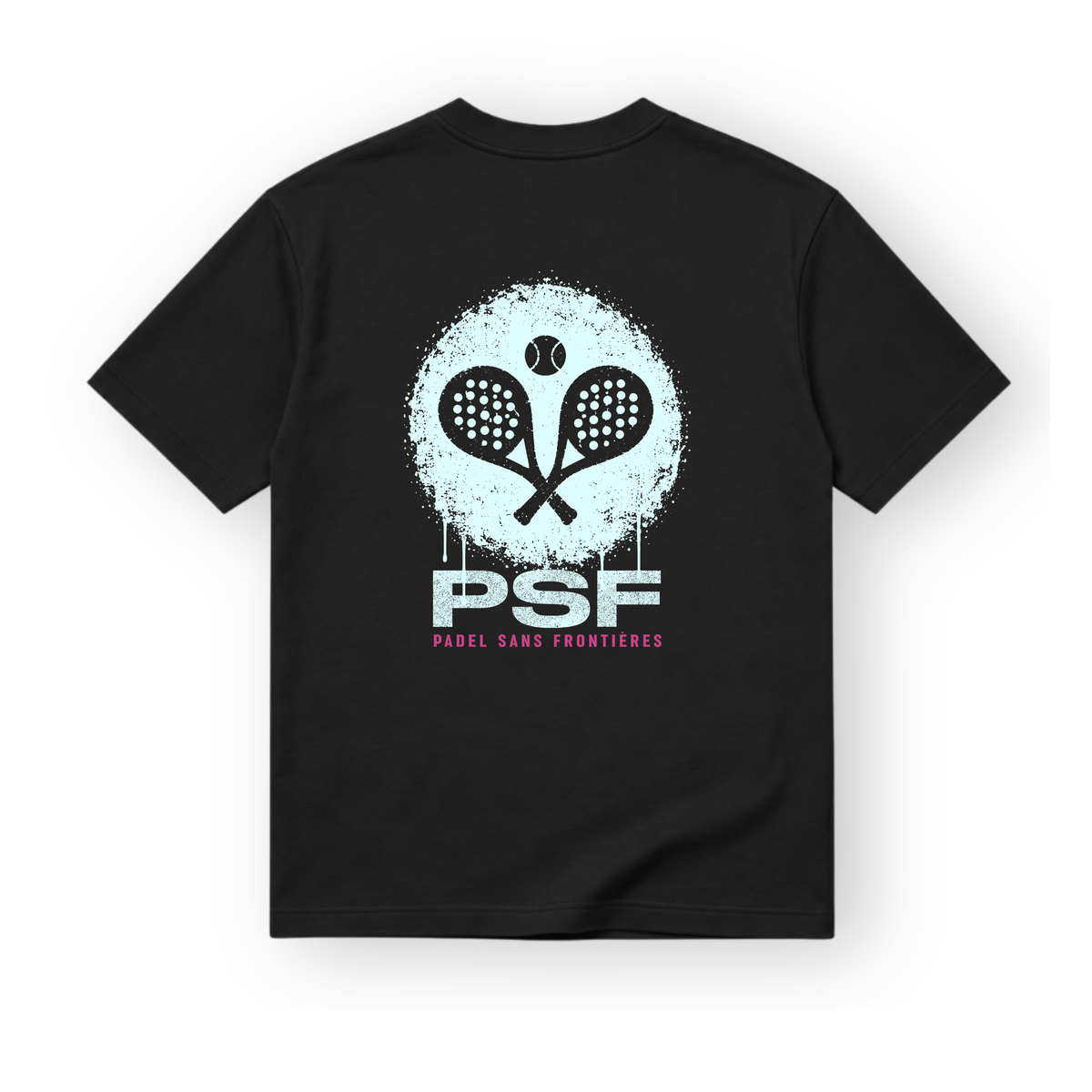 PSF Collective A black crew-neck PSF-123 padel wear t-shirt featuring a back graphic of two crossed rackets and a ball centered over a distressed, light blue circular paint splatter, with PSF and PADEL SANS FRONTIÈRES in pink text below. Designed for the Unwind