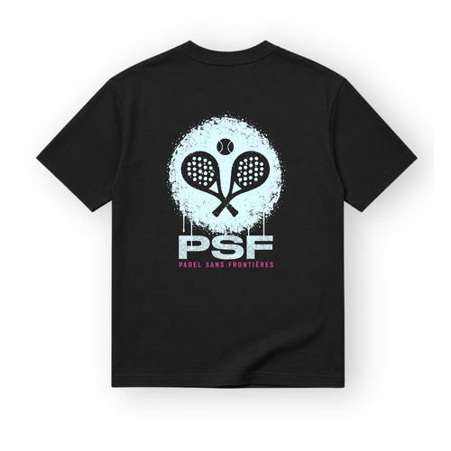 PSF Collective A black crew-neck PSF-123 padel wear t-shirt featuring a back graphic of two crossed rackets and a ball centered over a distressed, light blue circular paint splatter, with PSF and PADEL SANS FRONTIÈRES in pink text below. Designed for the Unwind