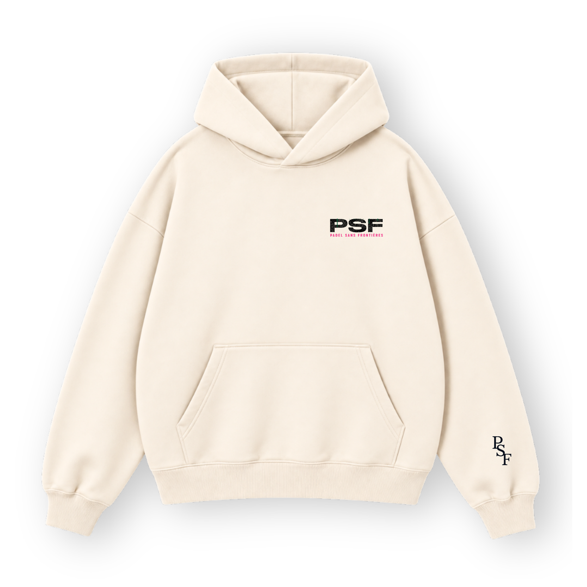 PSF Collective The PSF-124 is a cream-colored padel wear pullover hoodie with a drawstring-free hood, a front kangaroo pocket, black PSF text above pink PADEL SANS FRONTIÈRES lettering on the chest, and a small stacked black PSF logo on the left sleeve cuff. Designed for the Unwind