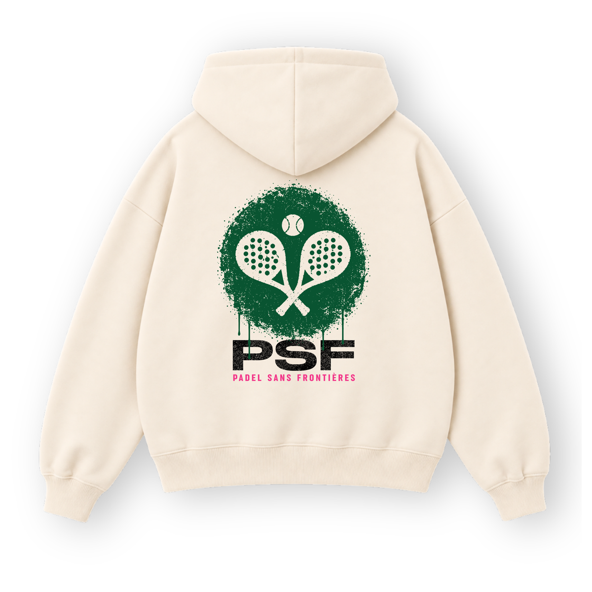 PSF Collective The back of a cream-colored PSF-124 pullover hoodie features a green circular graphic with two crossed padel rackets and a ball, followed by distressed, spray-painted black PSF text with PADEL SANS FRONTIÈRES in smaller pink letters. Designed for the Unwind