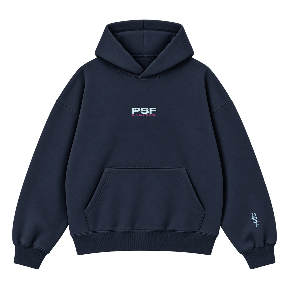 PSF Collective The PSF-125 is an oversized navy blue long-sleeved hoodie with a front kangaroo pocket, white PSF chest text, and a small, vertically oriented PSF logo on the left sleeve cuff. Designed for the Unwind