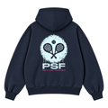 PSF Collective The back of the navy blue PSF-125 hoodie features a light blue circular graphic of crossed padel rackets and a ball, with PSF in large light blue letters and PADEL SANS FRONTIÈRES in smaller pink text underneath. Designed for the Unwind