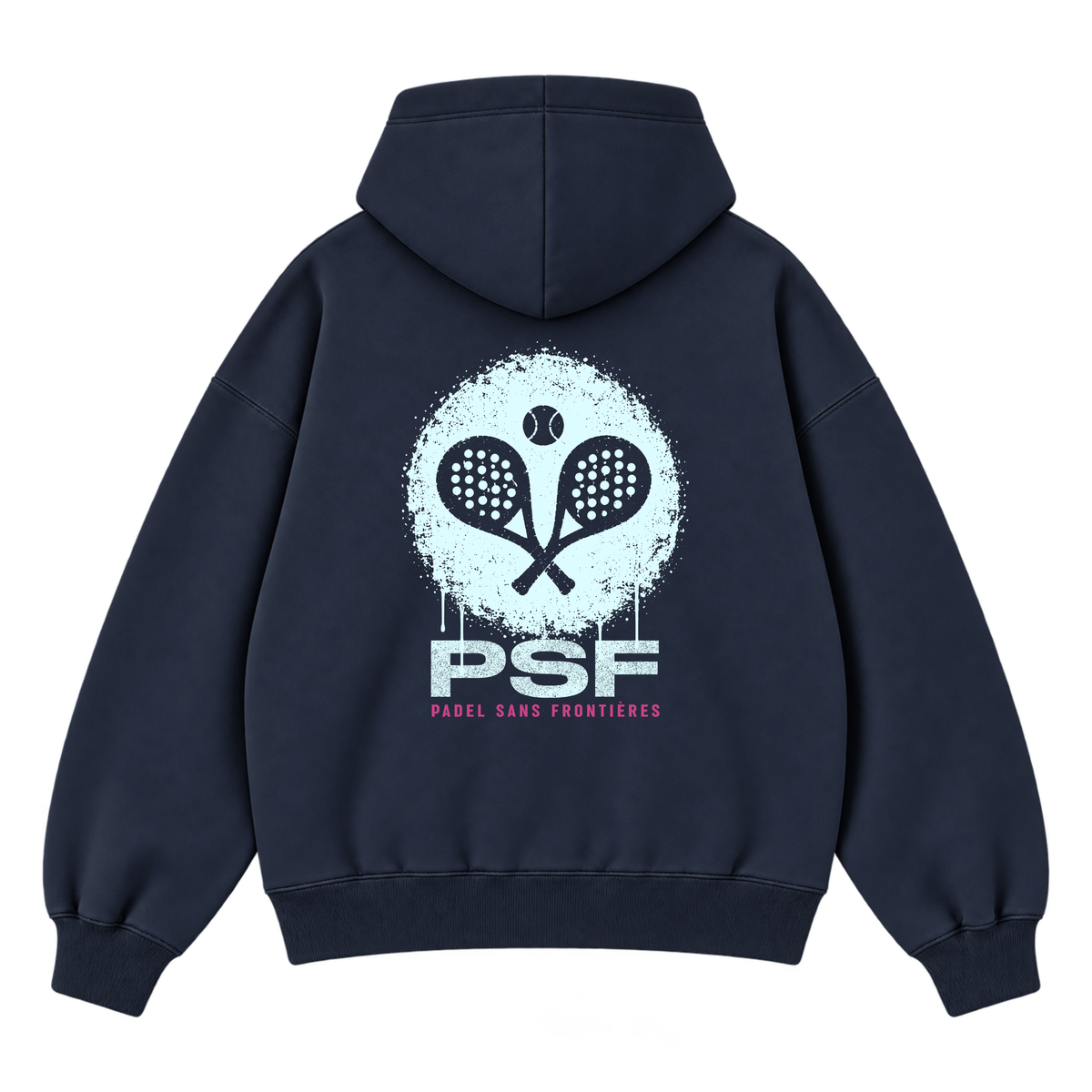 PSF Collective The back of the navy blue PSF-125 hoodie features a light blue circular graphic of crossed padel rackets and a ball, with PSF in large light blue letters and PADEL SANS FRONTIÈRES in smaller pink text underneath. Designed for the Unwind