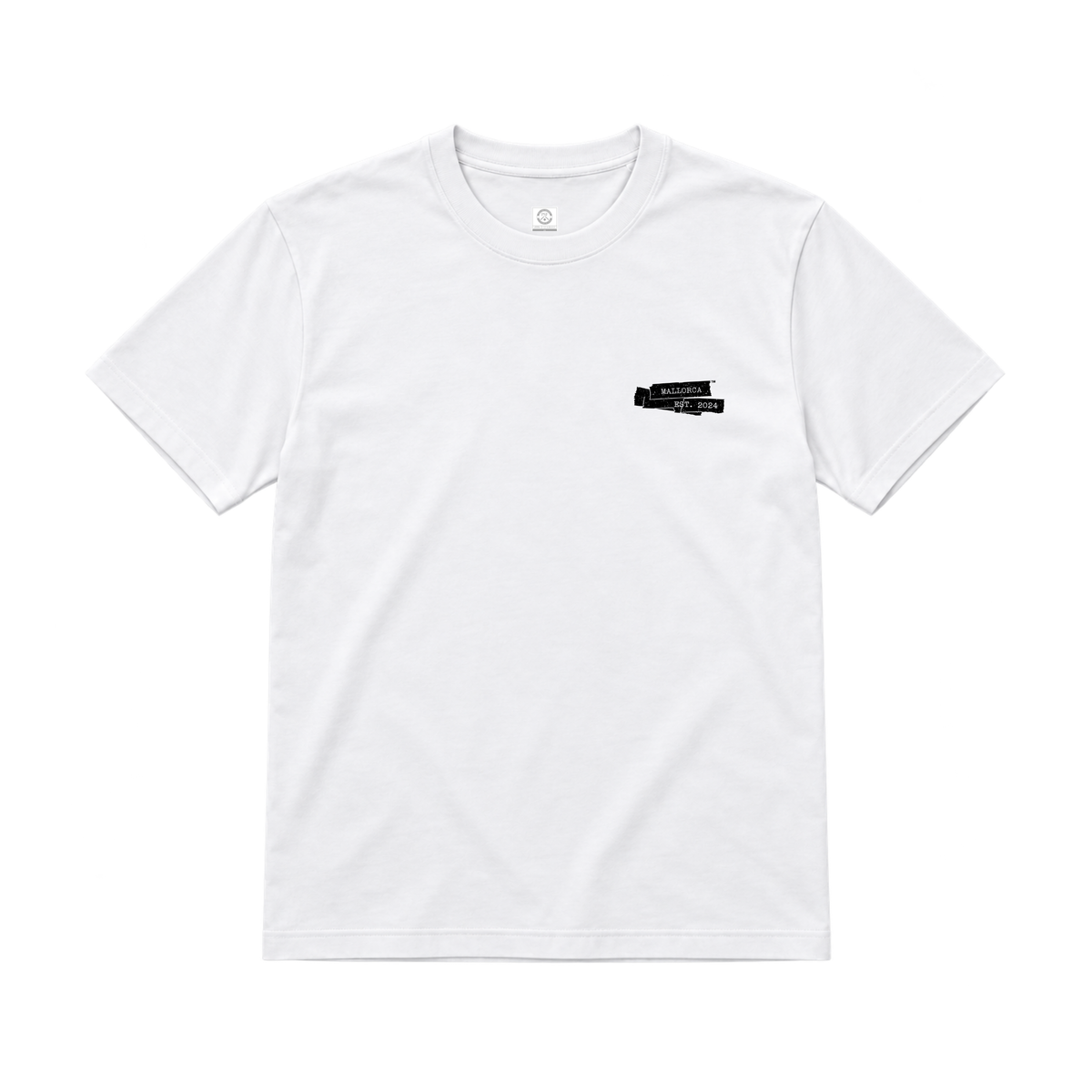 PSF Collective A flat-lay view of the white short-sleeved crew neck PSF-126 T-shirt, featuring a small black rectangular ticket graphic on the left chest with the text MALLORCA and SEPT. 2024. Designed for the Unwind
