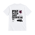 PSF Collective The back of the white PSF-126 padel t-shirt features a bold black graphic reading PSF PADEL SANS FRONTIERES next to a spiky pink star, with smaller text blocks including MALLORCA EST. 2024 inside a black rectangular box below. Designed for the Unwind