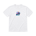 PSF Collective The PSF-127 is a white short-sleeved crew neck t-shirt featuring a small, rectangular graphic on the chest with a blurred, multicolored background, the red text PSF SPAIN and MARBELLA, and a shadowy image. Designed for the Unwind