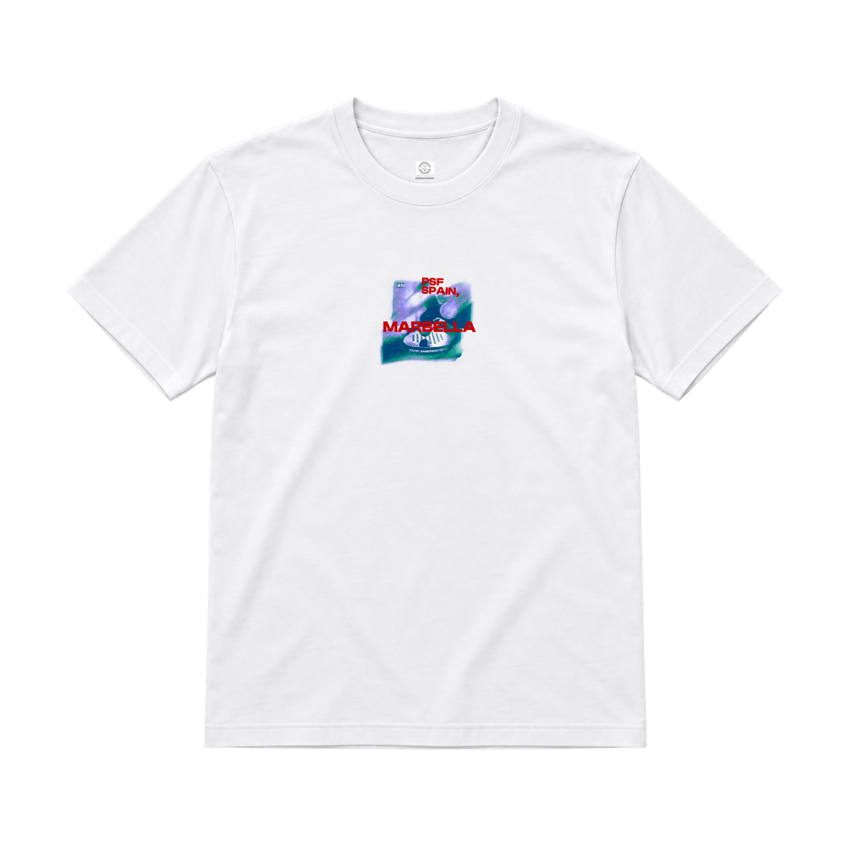 PSF Collective The PSF-127 is a white short-sleeved crew neck t-shirt featuring a small, rectangular graphic on the chest with a blurred, multicolored background, the red text PSF SPAIN and MARBELLA, and a shadowy image. Designed for the Unwind