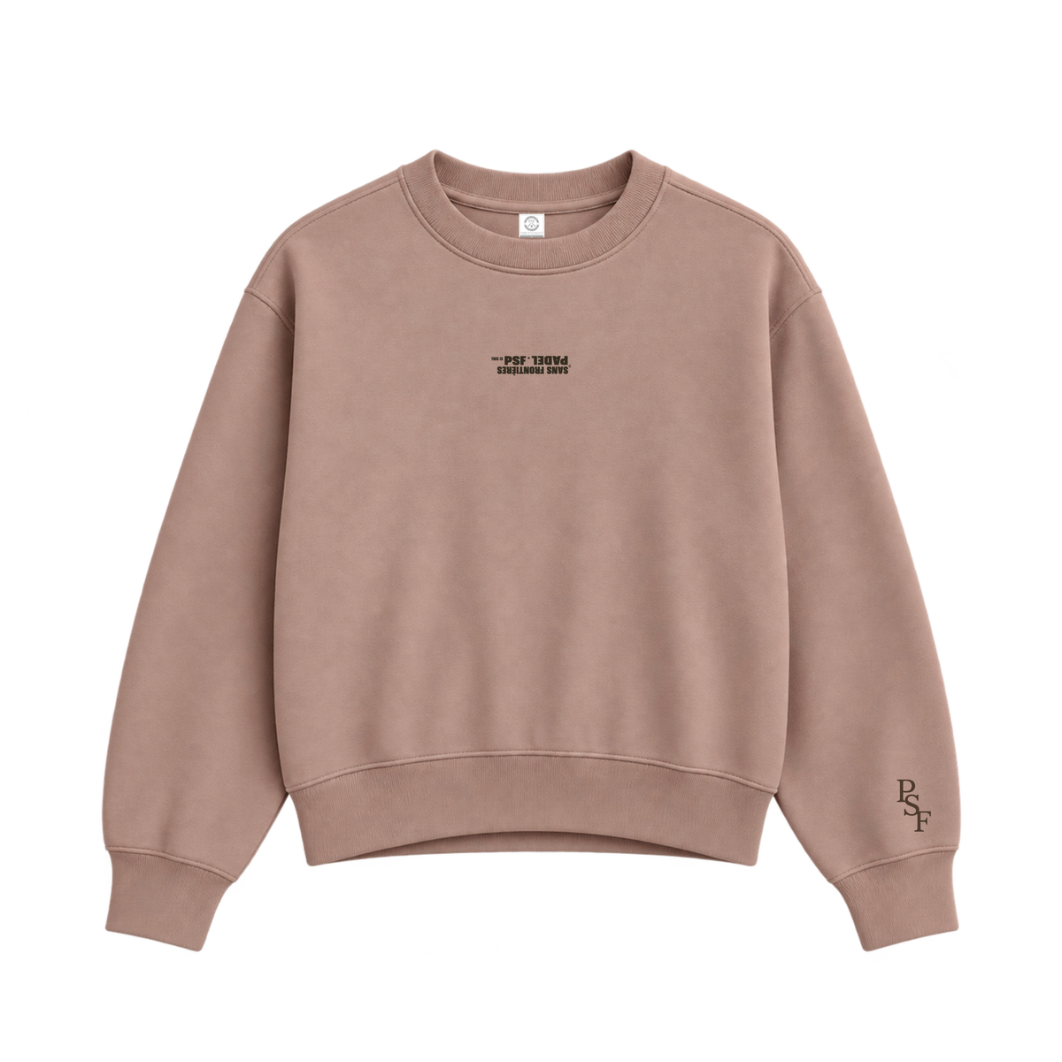 PSF Collective The PSF-130 is a mauve crewneck sweatshirt for apres padel wear, featuring inverted black text on the chest that reads SANS FRONTIÈRES PADEL.JS4 and the letters PSF stacked vertically in a dark brown font on the left sleeve near the ribbed cuff. Designed for the Unwind