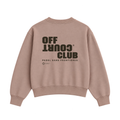 PSF Collective The PSF-130 is a dusty rose-colored crewneck sweatshirt viewed from the back, featuring dark brown text that reads OFF COURT CLUB and PADEL SANS FRONTIÈRES, a globe icon, and geographic coordinates. Designed for the Unwind