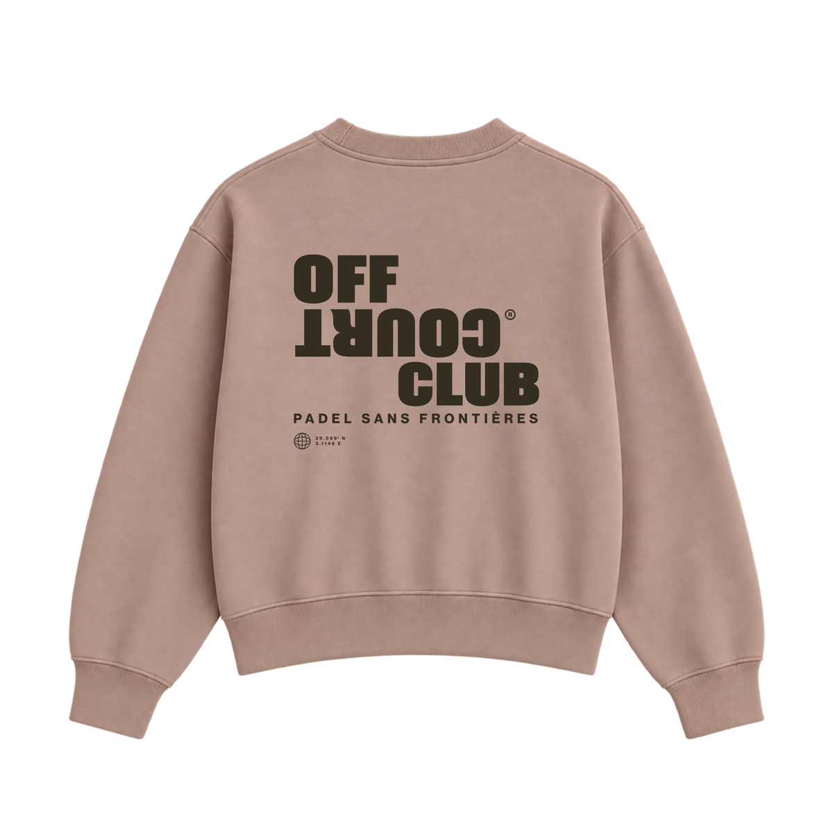 PSF Collective The PSF-130 is a dusty rose-colored crewneck sweatshirt viewed from the back, featuring dark brown text that reads OFF COURT CLUB and PADEL SANS FRONTIÈRES, a globe icon, and geographic coordinates. Designed for the Unwind