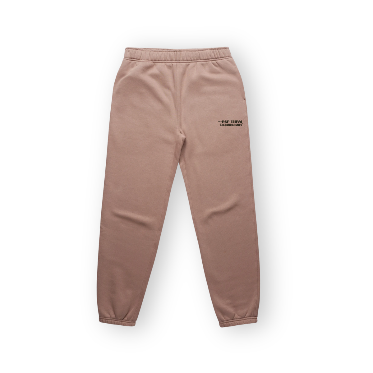 PSF Collective Dusty rose PSF-132 sweatpants with an elastic waistband and cinched cuffs, featuring a small black SANS FRONTIERES PADEL.JSG graphic on the upper left thigh, laid flat against a white background. Designed for the Unwind