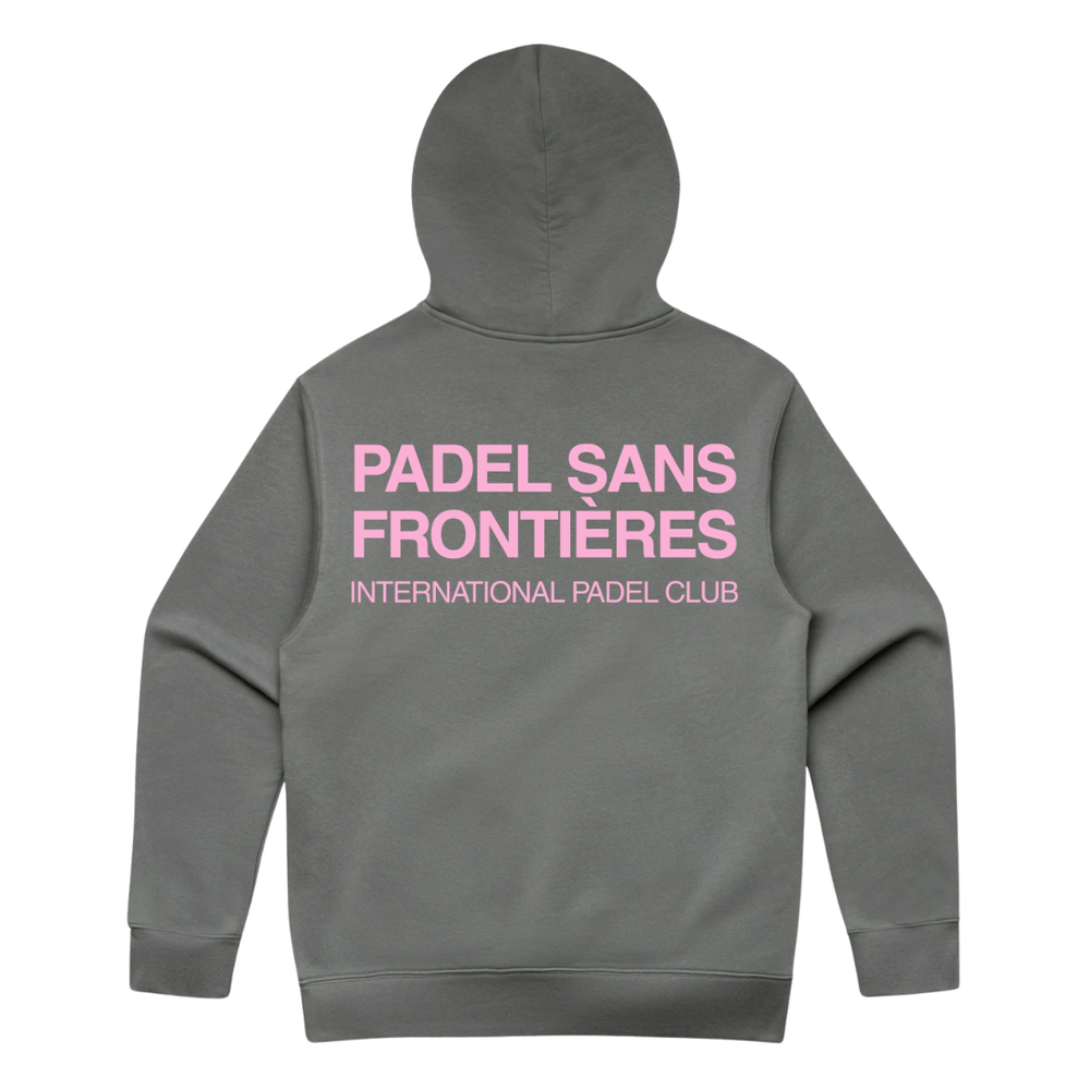 PSF Collective The Pink Ink International Padel Club Hoodie is gray with large pink "PADEL SANS FRONTIÈRES" text and smaller "INTERNATIONAL PADEL CLUB" below on the back. This post-game sweatshirt is otherwise plain. Designed for the Unwind
