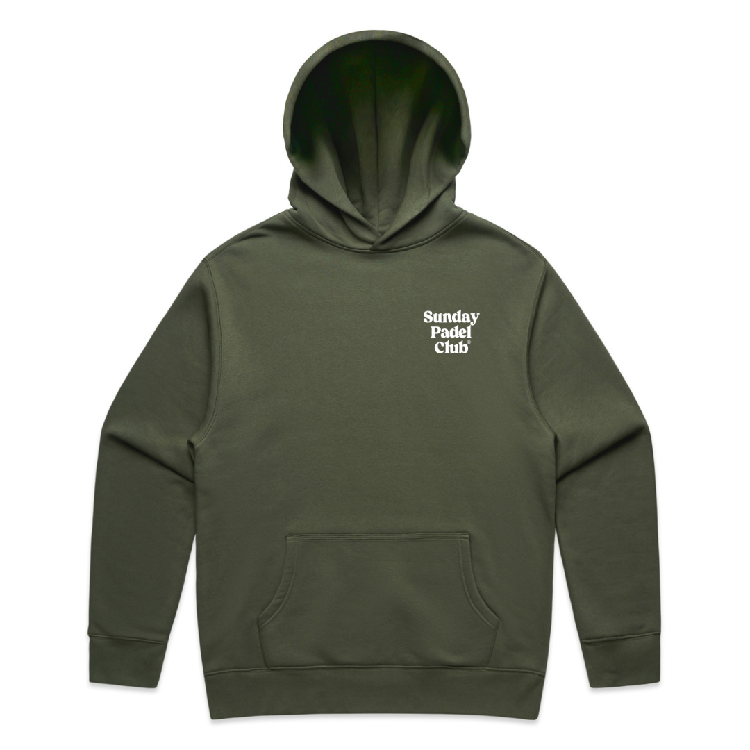 PSF Collective The Sunday Padel Club Hoodie in olive green features a front pouch pocket and small white "Sunday Padel Club" text on the left chest. Shown laid flat on a white background, it’s the ideal pick for padel enthusiasts. Designed for the Unwind