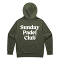 PSF Collective The Sunday Padel Club Hoodie, shown from the back in dark green with bold white text, features long sleeves, a relaxed fit, and sustainable materials—perfect for embracing the padel lifestyle. Designed for the Unwind