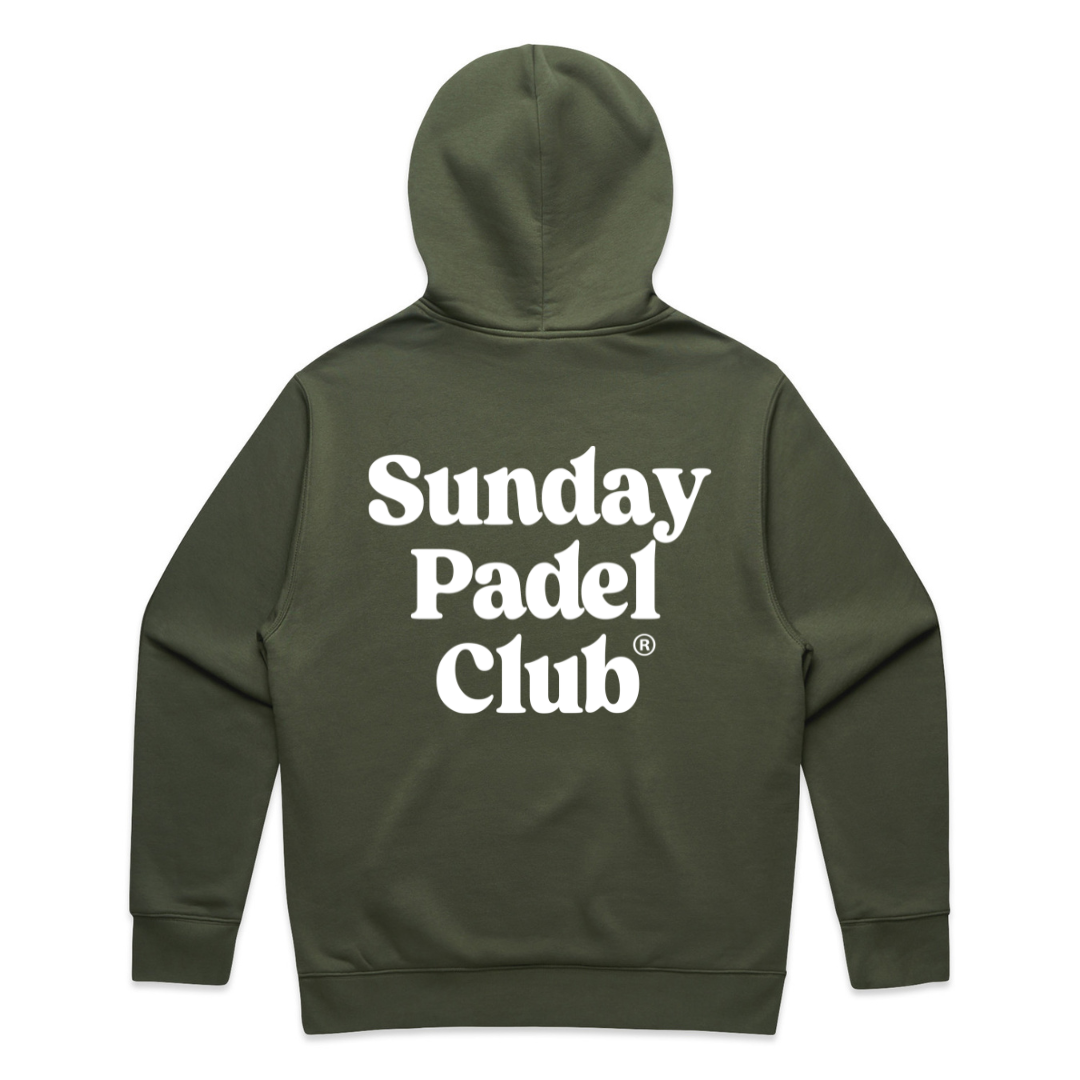PSF Collective The Sunday Padel Club Hoodie, shown from the back in dark green with bold white text, features long sleeves, a relaxed fit, and sustainable materials—perfect for embracing the padel lifestyle. Designed for the Unwind