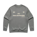 PSF Collective The Acapulco '69 Sweatshirt is a gray unisex pullover with cream text and graphics on the front, featuring Court Prowess, PADEL SANS FRONTIÈRES, APRÈS WEAR, Acapulco 69, and assorted logos across the chest. Designed for the Unwind