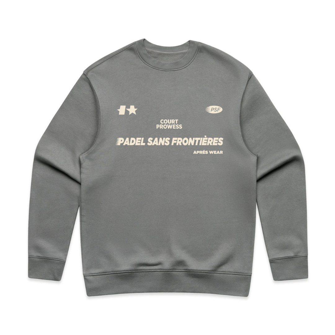 PSF Collective The Acapulco '69 Sweatshirt is a gray unisex pullover with cream text and graphics on the front, featuring Court Prowess, PADEL SANS FRONTIÈRES, APRÈS WEAR, Acapulco 69, and assorted logos across the chest. Designed for the Unwind