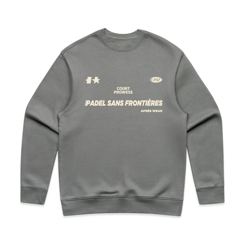 PSF Collective The Acapulco '69 Sweatshirt is a gray unisex pullover with cream text and graphics on the front, featuring Court Prowess, PADEL SANS FRONTIÈRES, APRÈS WEAR, Acapulco 69, and assorted logos across the chest. Designed for the Unwind