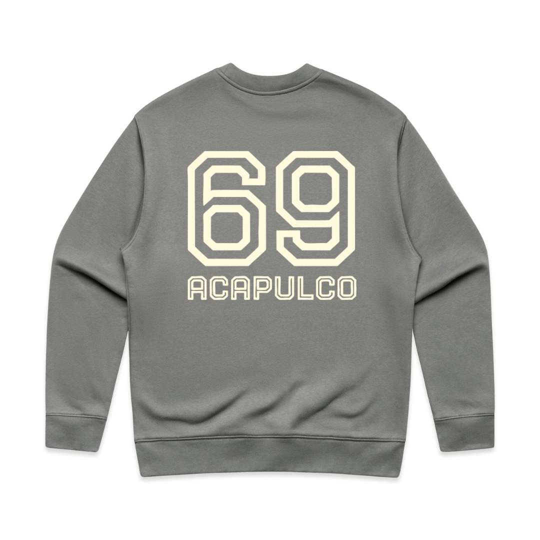PSF Collective The Acapulco '69 Sweatshirt is a gray unisex padel sweater with long sleeves, ribbed cuffs, bold off-white “69” outlined on the upper back, and “ACAPULCO” printed below. Designed for the Unwind