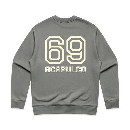 PSF Collective The Acapulco '69 Sweatshirt is a gray unisex padel sweater with long sleeves, ribbed cuffs, bold off-white “69” outlined on the upper back, and “ACAPULCO” printed below. Designed for the Unwind