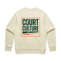 PSF Collective The Court Culture by PSF Unisex Sweatshirt in butter features a large back graphic with green and orange text, stylized lines, and an orange border. Designed for the Unwind