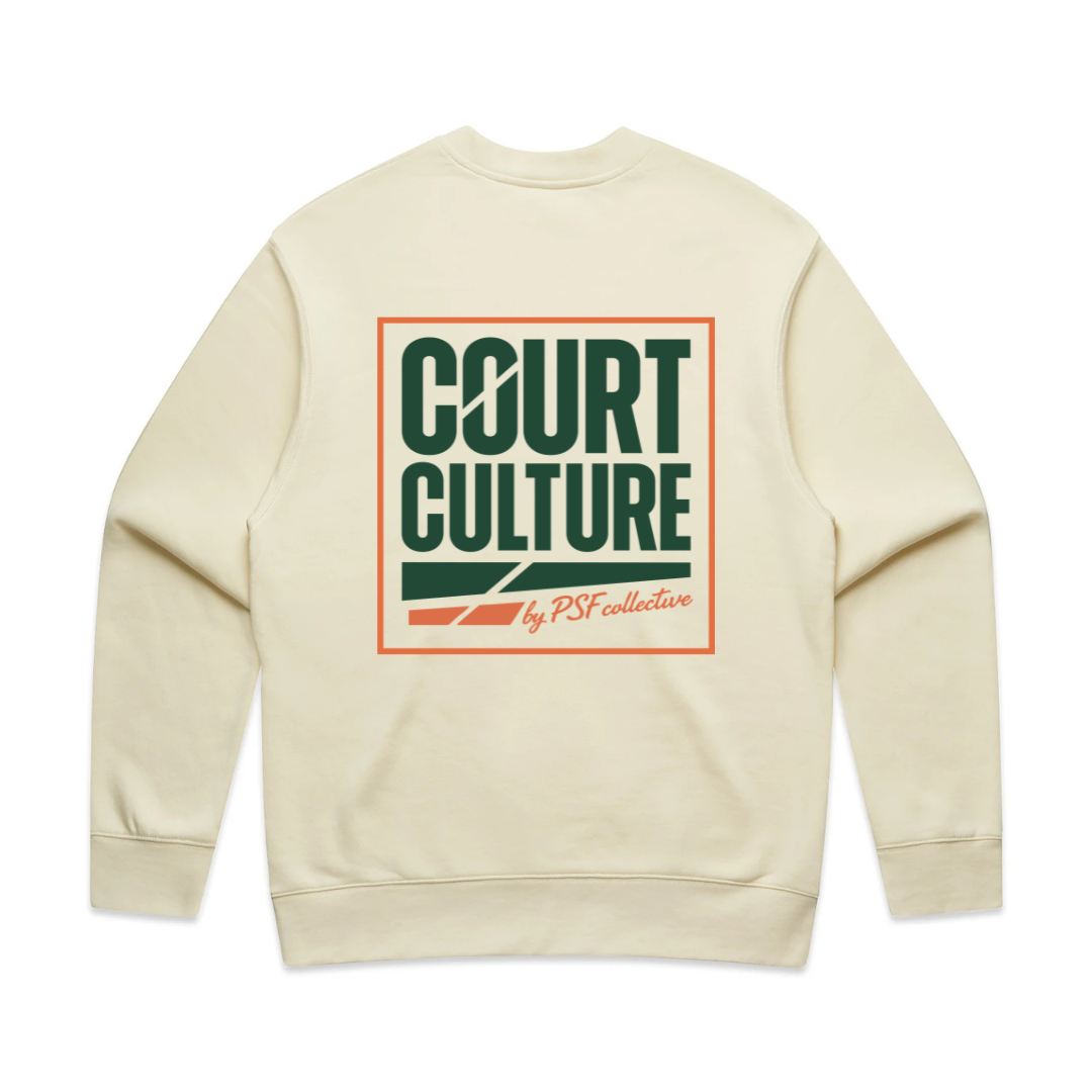 PSF Collective The Court Culture by PSF Unisex Sweatshirt in butter features a large back graphic with green and orange text, stylized lines, and an orange border. Designed for the Unwind