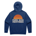 PSF Collective A blue Hazy Jane Hoodie with a retro sunset graphic—orange and brown stripes above bold white “PADEL SANS FRONTIÈRES” text—is shown laid flat, hood up, and sleeves out. Crafted sustainably. Designed for the Unwind
