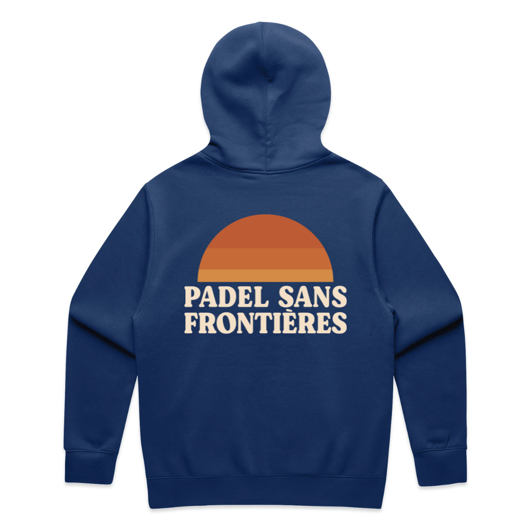 PSF Collective A blue Hazy Jane Hoodie with a retro sunset graphic—orange and brown stripes above bold white “PADEL SANS FRONTIÈRES” text—is shown laid flat, hood up, and sleeves out. Crafted sustainably. Designed for the Unwind
